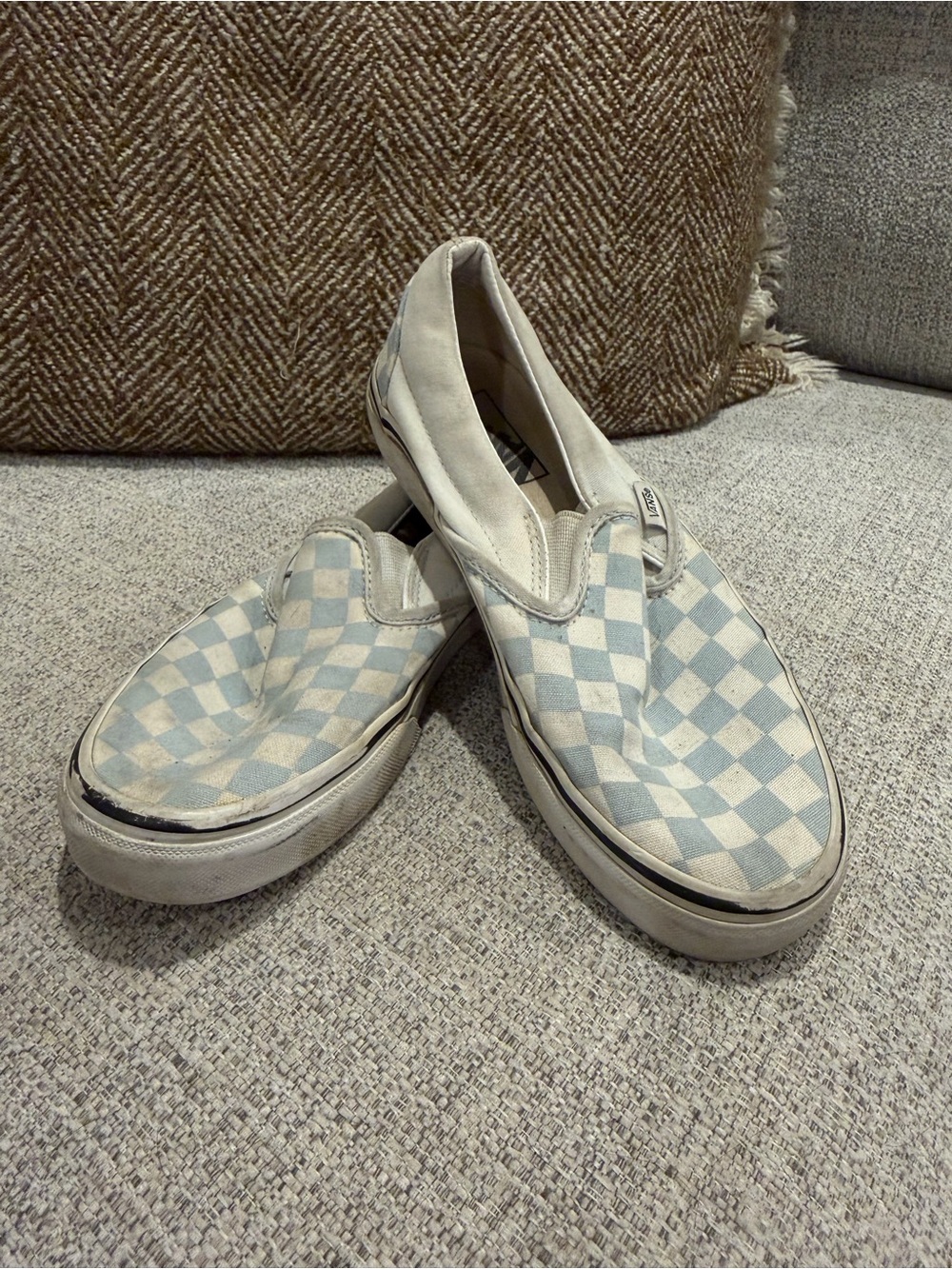 Vans Slip-On Checkerboard Sneakers in Light Blue & White